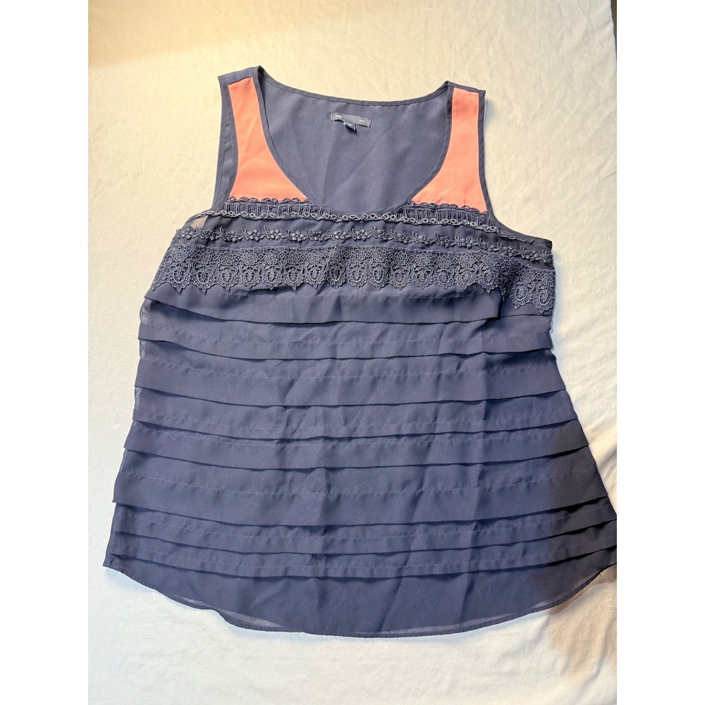 Gap Womens Navy Blue Coral Pink Tiered‎ Ruffle Lace Sleeveless Chiffon Blouse M